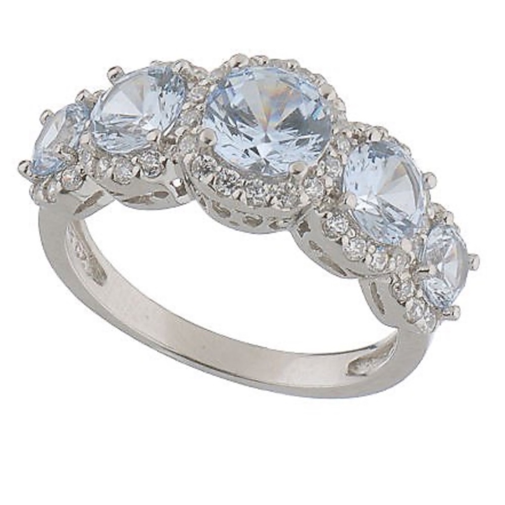 QVC Epiphany Platinum Clad Diamonique Blue 5 Stone Ring. 0082